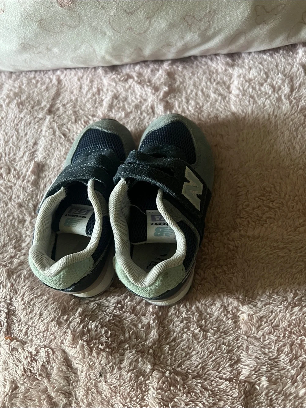 New Balance Kids blue and gray Green Velcro Sneakers